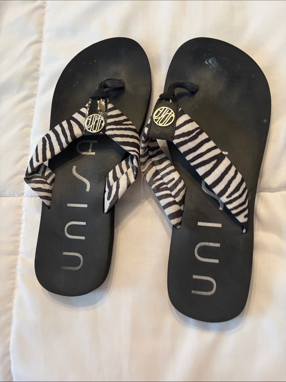 Unisa Black and White Zebra Strap Flip Flop Sandals